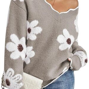 Floral Off-Shoulder Sweater - Gray